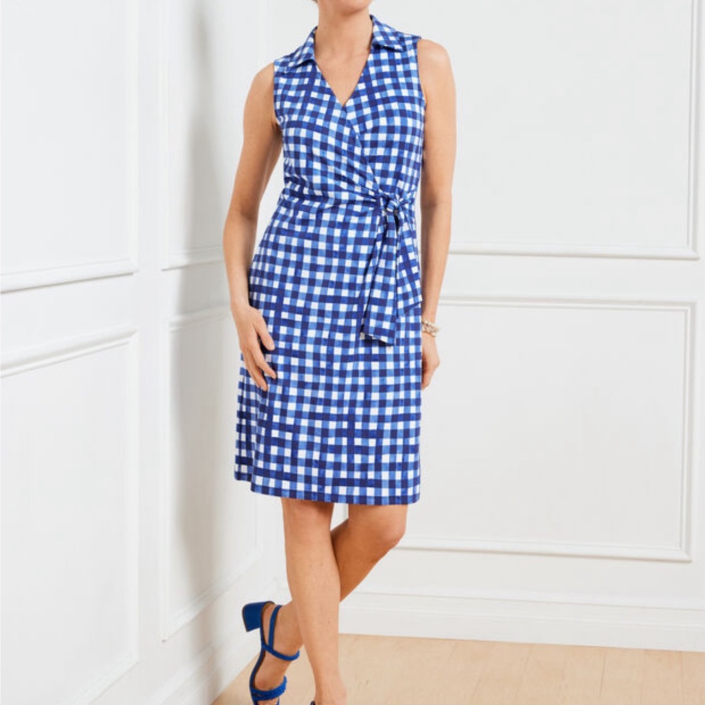 Talbots Kelley Gingham Jersey Dress Blue White Sleeveless Preppy Travel L NEW